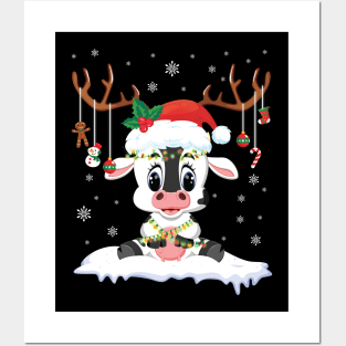 Cow Reindeer Santa Noel Costume Dancing On Snow Merry Xmas Posters and Art